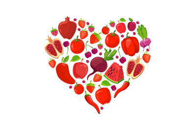 Heart shape of red fruits and vegetables