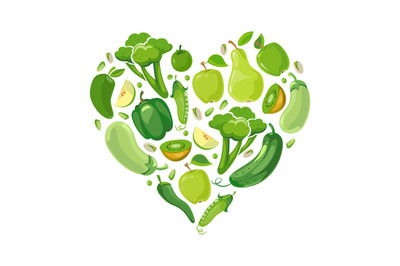Heart with green vegetabels and fruits