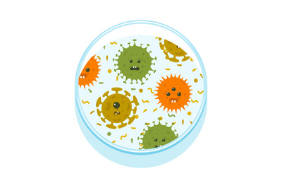 Petri dish with cartoon microbes