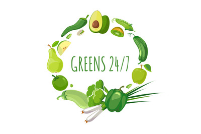 Round shape with green vegetables and fruits