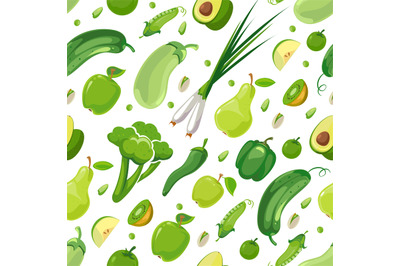 Seamless pattern with green vegetables and fruits