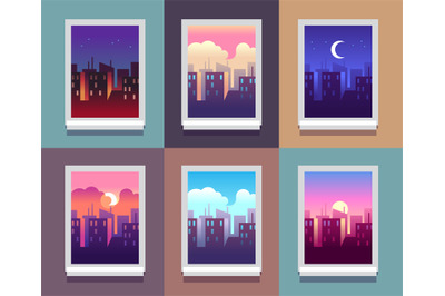 Windows day time. Early morning sunrise sunset, noon and dusk evening,