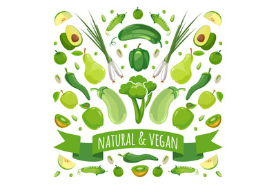 Vector illustration of green fruits and vegetables