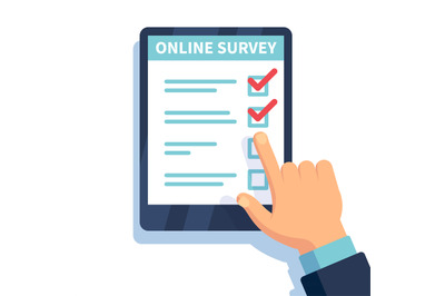 Online survey. Internet surveying, hands holding tablet with test form