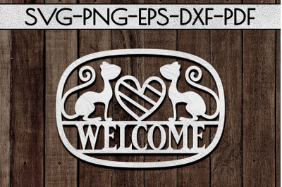 Welcome Cat Sign Papercut Template, Cat House Decor SVG, DXF