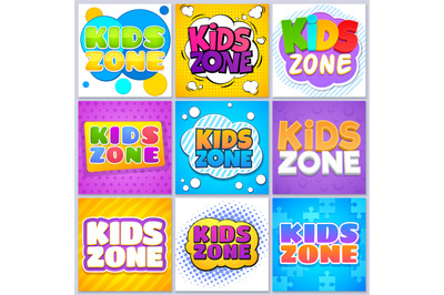 Kids zone banners. Children game playground labels with cartoon letter