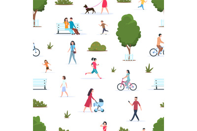 People in park seamless pattern. Active persons walking running in nat