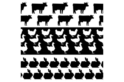 Farm animals silhouettes seamless borders