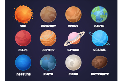 Solar system planets. Cartoon mercury and venus, earth and mars, jupit