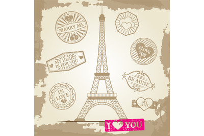 Hipster or vintage postcard background - Eiffel Tower with love prints