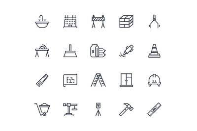 Construction line icons. Building project and home repair, working and