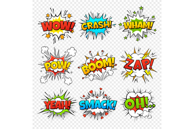 Comic bubbles. Funny comics words in speech bubble frames. Wow oops ba