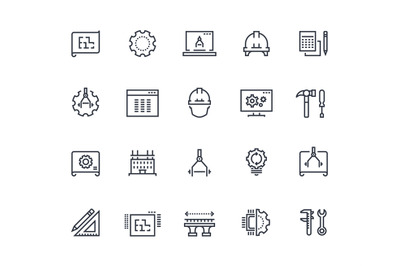 Engineering line icons. Work project, mechanical and electrical engine