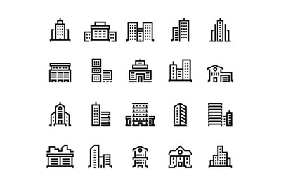 Building line icons. Business center with offices, municipal buildings