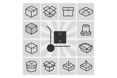 Package icons vector set with boxes, crates, containers