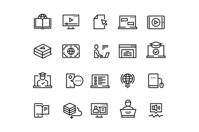 Online education line icons. E-learning computer training, online dist