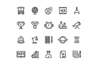 School line icons. Geometry geography physics chemistry school discipl