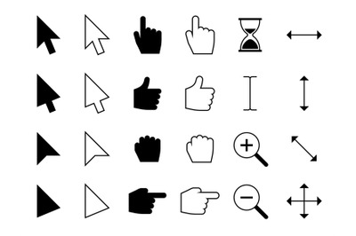 Web cursors. Digital hand finger pointers, choosing computer mouse cli