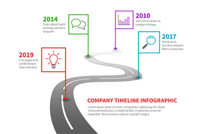 Company timeline. Milestone road with pointers, history process line c