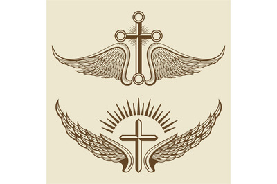 Vintage cross and wings vector elements