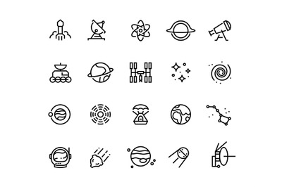 Space line icons. Cosmic astronomy galaxy astronaut rocket launch mete