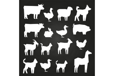 White farm animals silhouetes icons on black background