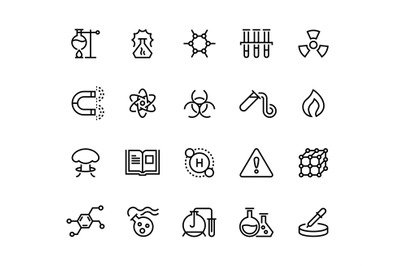 Chemical line icons. Toxic chemicals, laboratory equipment, scientific