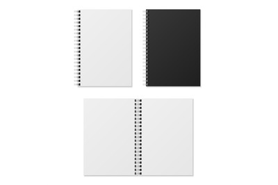 Realistic notebook. Blank open and closed spiral binder notebooks. Pap