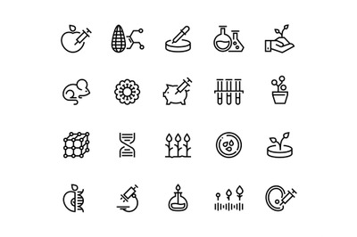 GMO line icons. DNA food research, lab agriculture testing, bacteriolo