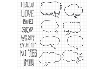 Hand drawn emotional phrases and speech bubbles on notebook backdrop