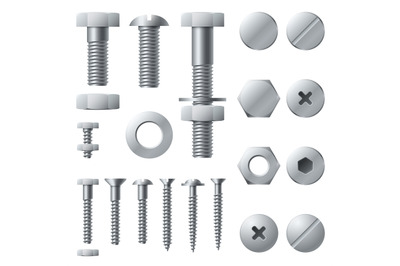 Metal screws. Bolt screw nut rivet head steel construction elements. R