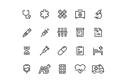 Medical care line icons. Family healthcare&2C; patient treatment&2C; medical