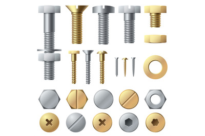 Bolts and screws. Washer nut hardware rivet screw and bolt. Chrome fas