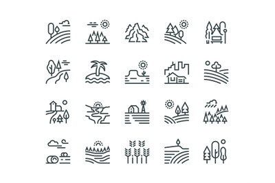 Landscape line icons. Nature park mountain hill forest trees and count