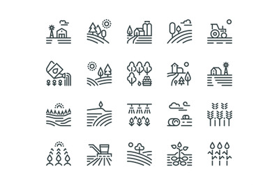 Farming landscape line icons. Rural houses, planting vegetables and wh