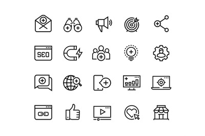 Inbound marketing line icons. Lead social media, action marketing infl