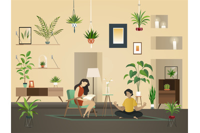 Plants at home indoor. Urban garden with green planting and people in