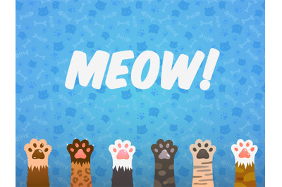 Cat paw flat background. Cats cartoon pet paws&2C; print kitten texture&2C;