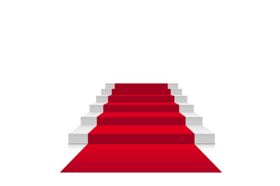 Stairs 3d with red carpet. Vector scarlet staircase for celebrity or s