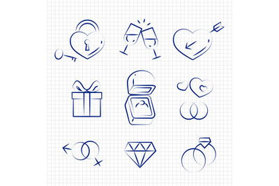 Sketch style wedding line icons on notebook page