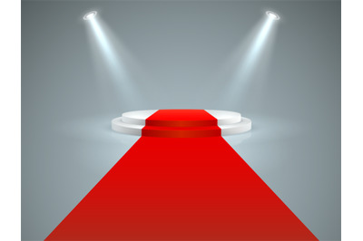 Illuminated podium. Floor red carpet to white podium, spotlights. Holl