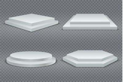 White podiums. Round and square 3d empty podium with steps. Showroom p