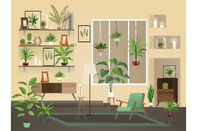 Indoor flowers into room. Urban home interior, vector living room with