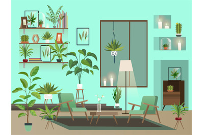 Living room at night. Urban interior with indoor flowers, chairs, vase