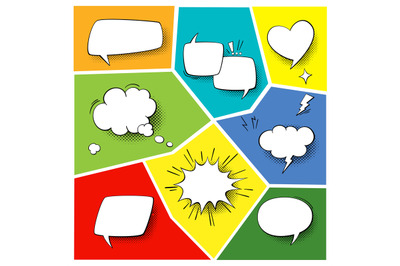 Speech popart elements. Comic cartoon shapes for dialogs thinking and