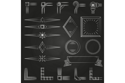 Vintage thin line shapes, frames corners on chalkboard