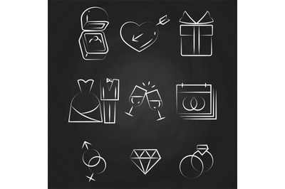 Wedding thin line icons on chalkboard