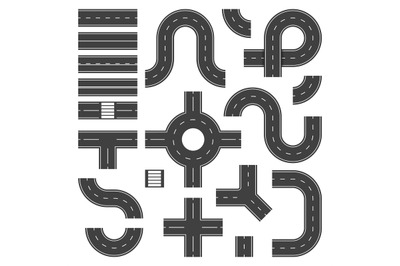 Top view road elements. Street junction and roads objects, asphalt cit