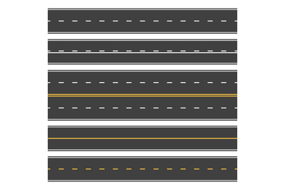 Straight roads seamless. Endless asphalt street, top view roadway. Emp