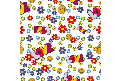 Cute hippie seamless pattern design with flowers smile and love letter